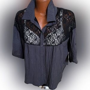 Free People mixed media lace & crinkly rayon puffy sleeve crop peasant blouse M